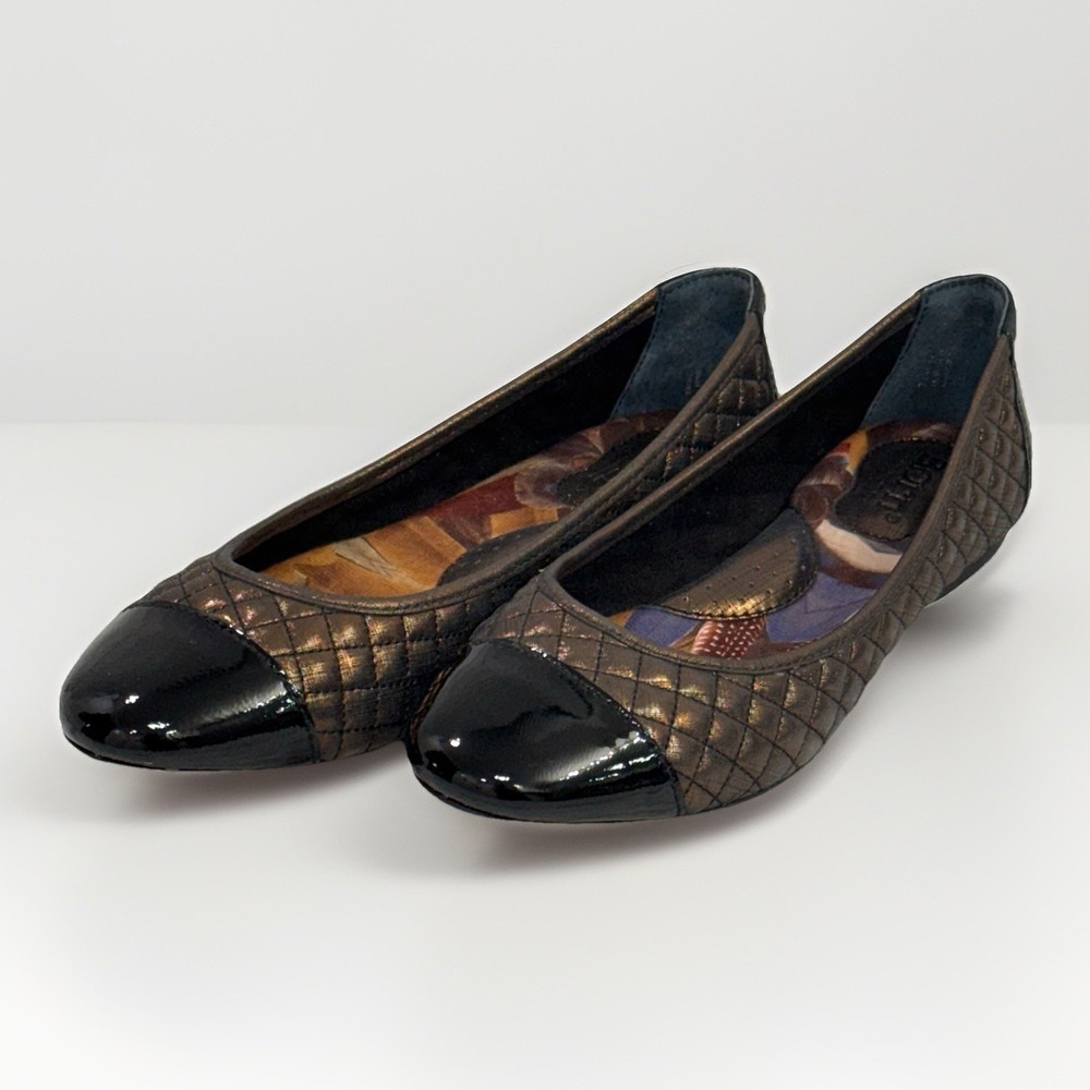 Born Riley Boho Black Bronze Iridescent Shoes Quilted Slip-On Cap Toe Flats 7.5‎